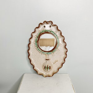 ADIA clay wall hanging mirror, vintage handmade ceramic wall art Beige