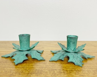 Vintage green candlestick, candle holder pair, leaves candle holder, floral candlestick