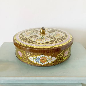 Daher Blechdose aus Metall mit Deckel, alte englische Blechdose mit Blumenmuster