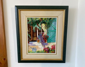 Signed original oil painting of a cottage window with flowers, colourful vintage oil painting on canvas