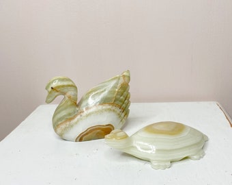Marble statues, vintage marble animal figurines, small swan and turtle sculpture