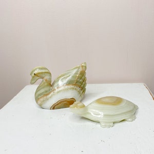Marble statues, vintage marble animal figurines, small swan and turtle sculpture