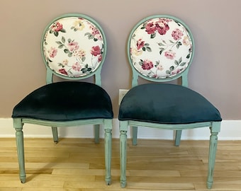 SOLD* Vintage green upholstered chairs, painted wood chair pair with floral and velvet fabric