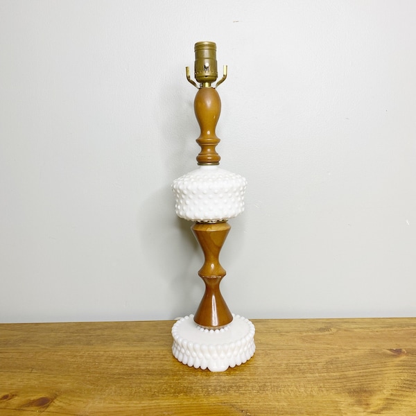 Vintage Leviton milk glass hobnail and wood lamp, wooden table lamp