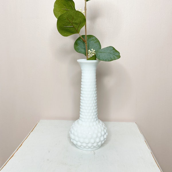 Vintage milk glass bud vase, small hobnail vase