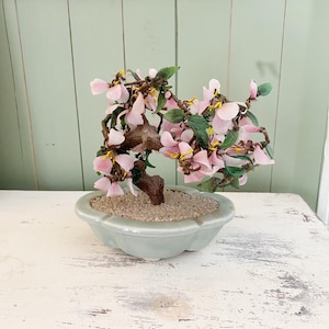 Vintage Gemstone Bonsai Tree Rose Quartz Flowers Crystal Tree Feng Shui Decor Chinese Ceramic Pot