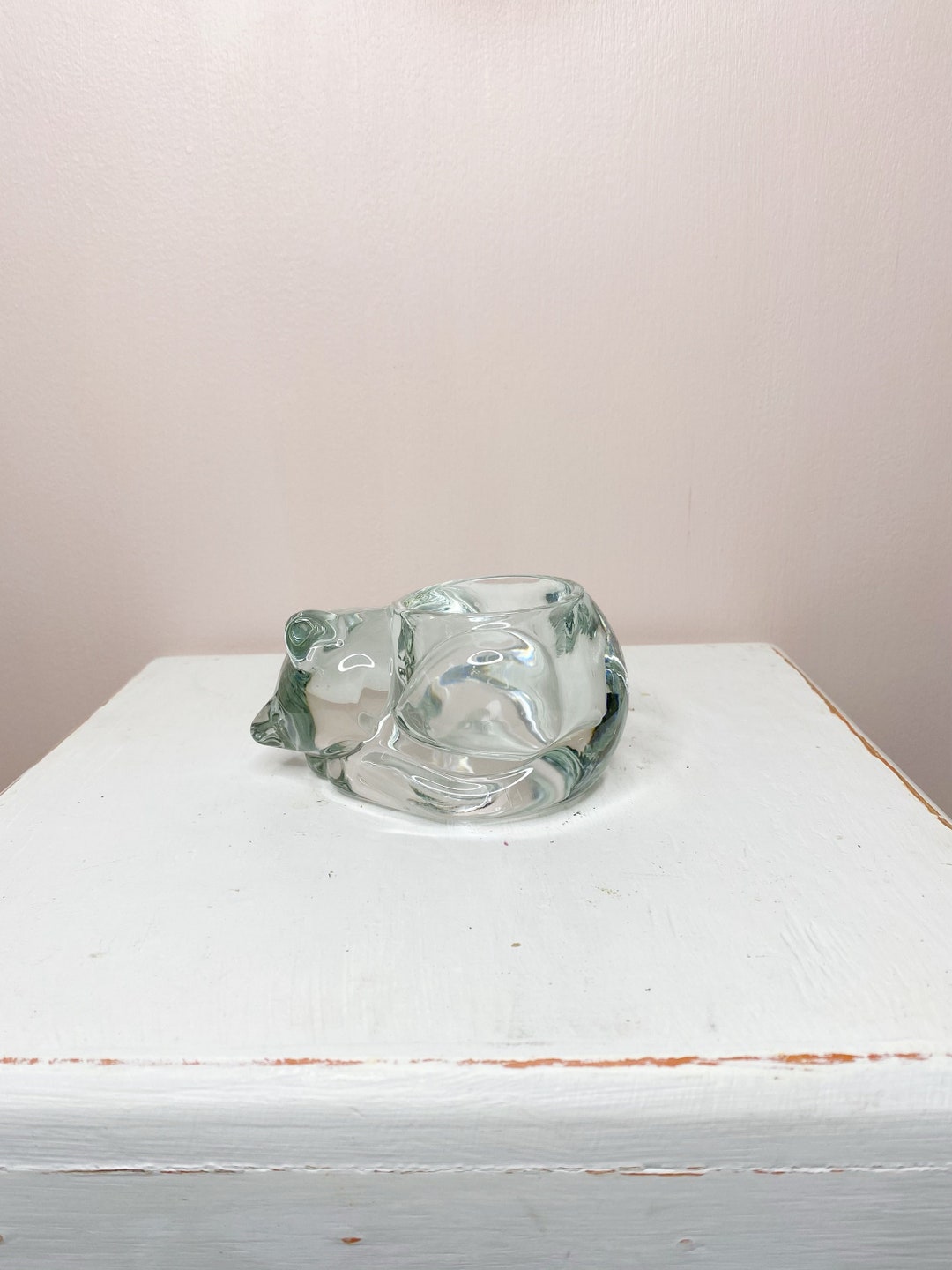 Vintage Glass Cat Candle Holder, Sleeping Cat Votive Holder, Cat Tea