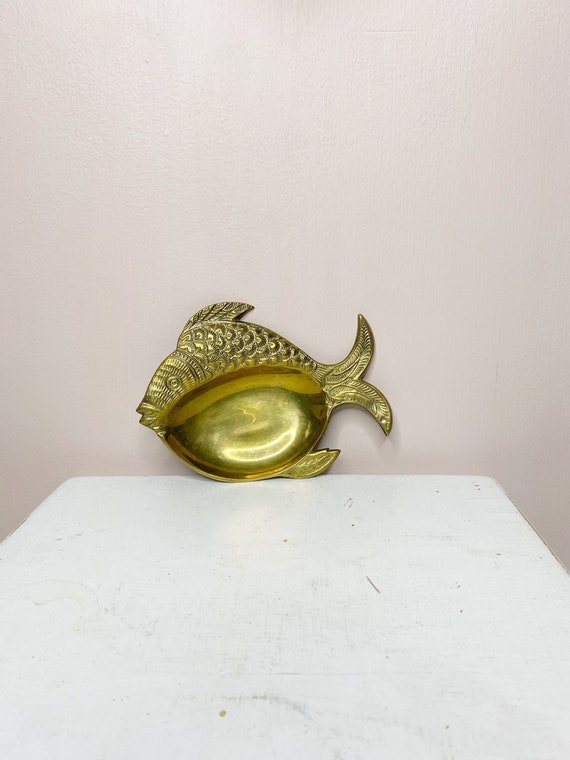 Brass fish ring bowl, gold trinket bowl, tropical 