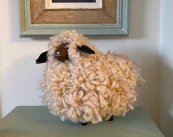 Handmade wool sheep figurine with a ceramic head and wooden legs, Vintage sheep for a farmhouse decor