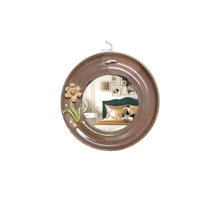 Vintage pottery mirror, decorative small round mirror