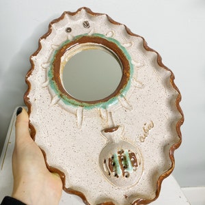 ADIA clay wall hanging mirror, vintage handmade ceramic wall art image 2