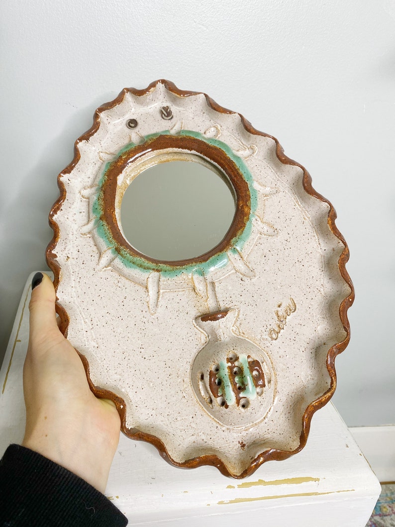 ADIA clay wall hanging mirror, vintage handmade ceramic wall art image 2