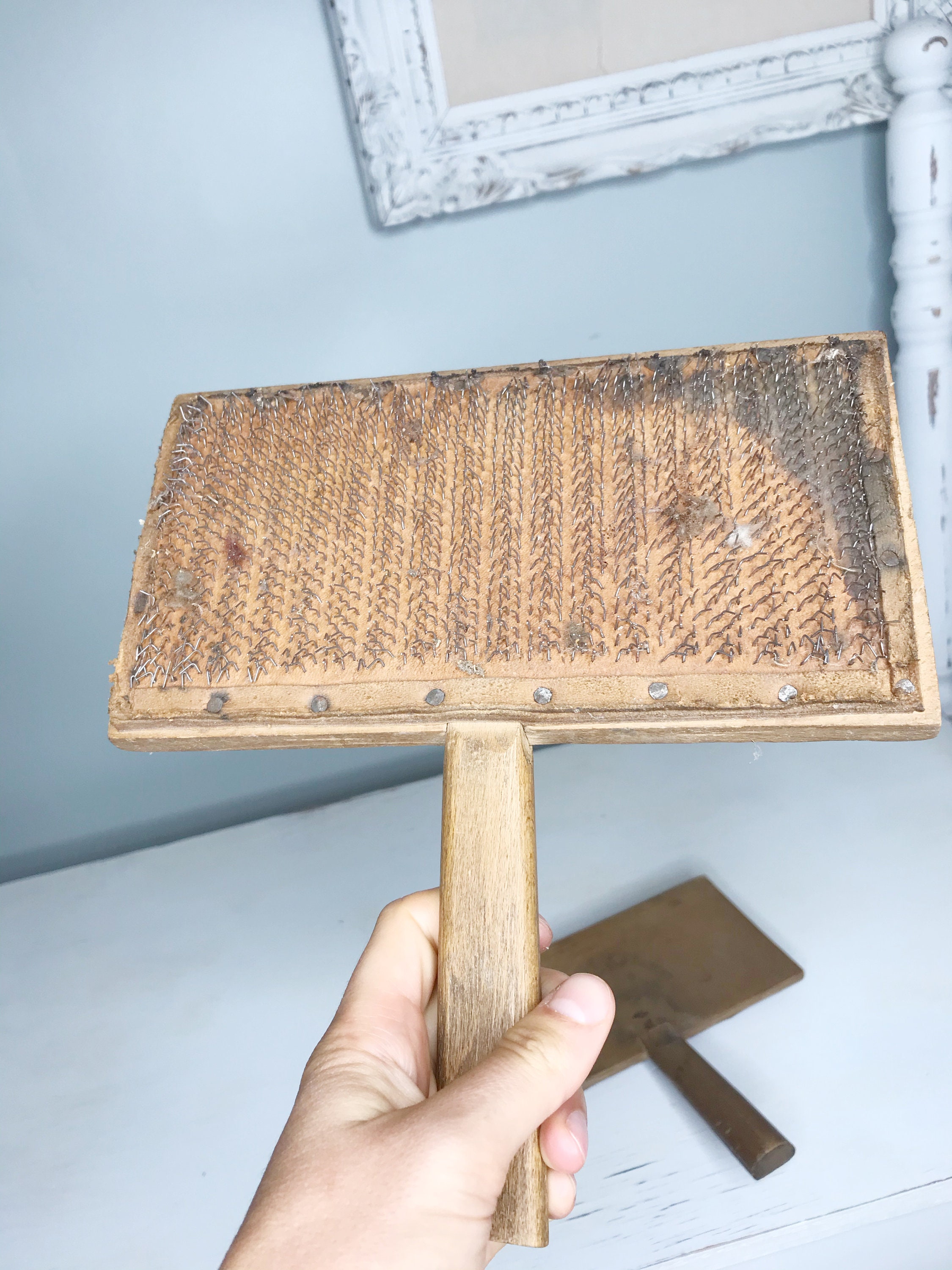 Antique Hand Wool Carding Comb Primitive Wooden Carding Brush Rustic Brush  Tool Wooden Brushing Comb Wool Comb Carder Collecting 