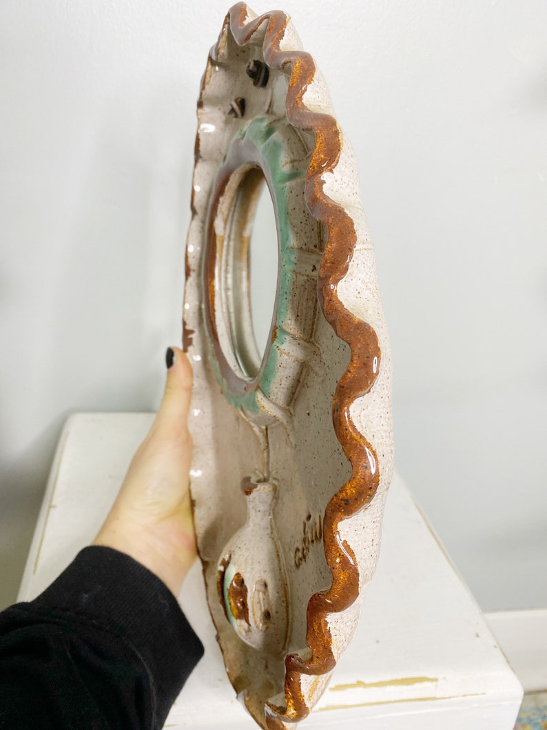ADIA clay wall hanging mirror, vintage handmade ceramic wall art image 4