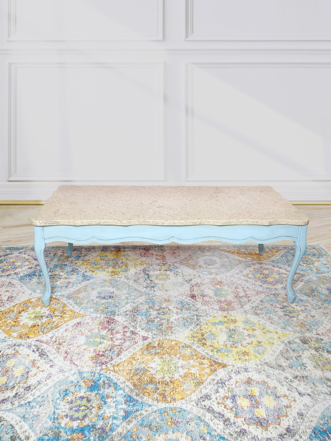 SOLD vintage Marble Top Coffee Table, French Hand Painted Blue Living