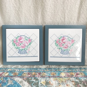 Ceramic Wall Hanging flowers picture framed, wooden framed ceramic wall art hanging tile