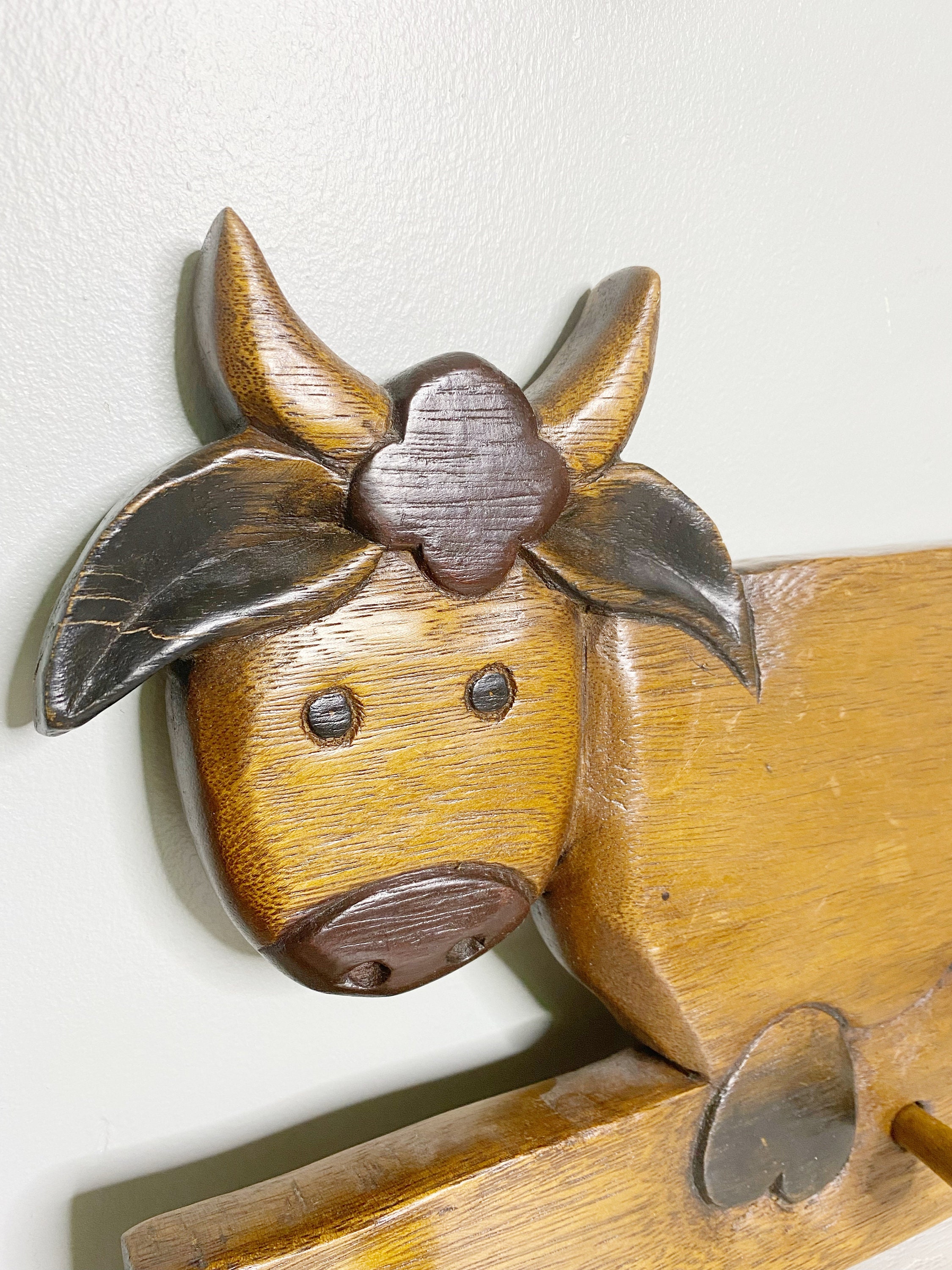 your castle Ganci da parete per la fattoria, animali domestici, 2 ganci appendiabiti in legno, set da 3 pezzi, cavallo, mucca, maiale, 11 x 6 cm
