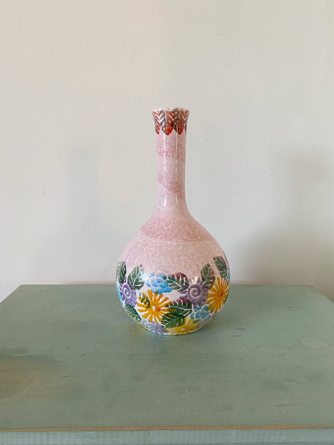 Vintage Italian Pink Vase, Round Bud Vase, Hand Painted Ceramic Vase ...