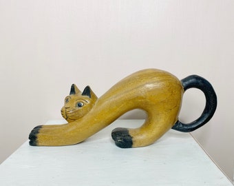 Wooden cat figurine, stretching cat carved sculpture made in Thailand