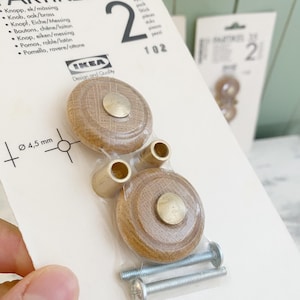 Vintage IKEA PARTIKEL 35 Knobs Oak Brass Drawer Pulls New Old Stock Cabinet Hardware Set