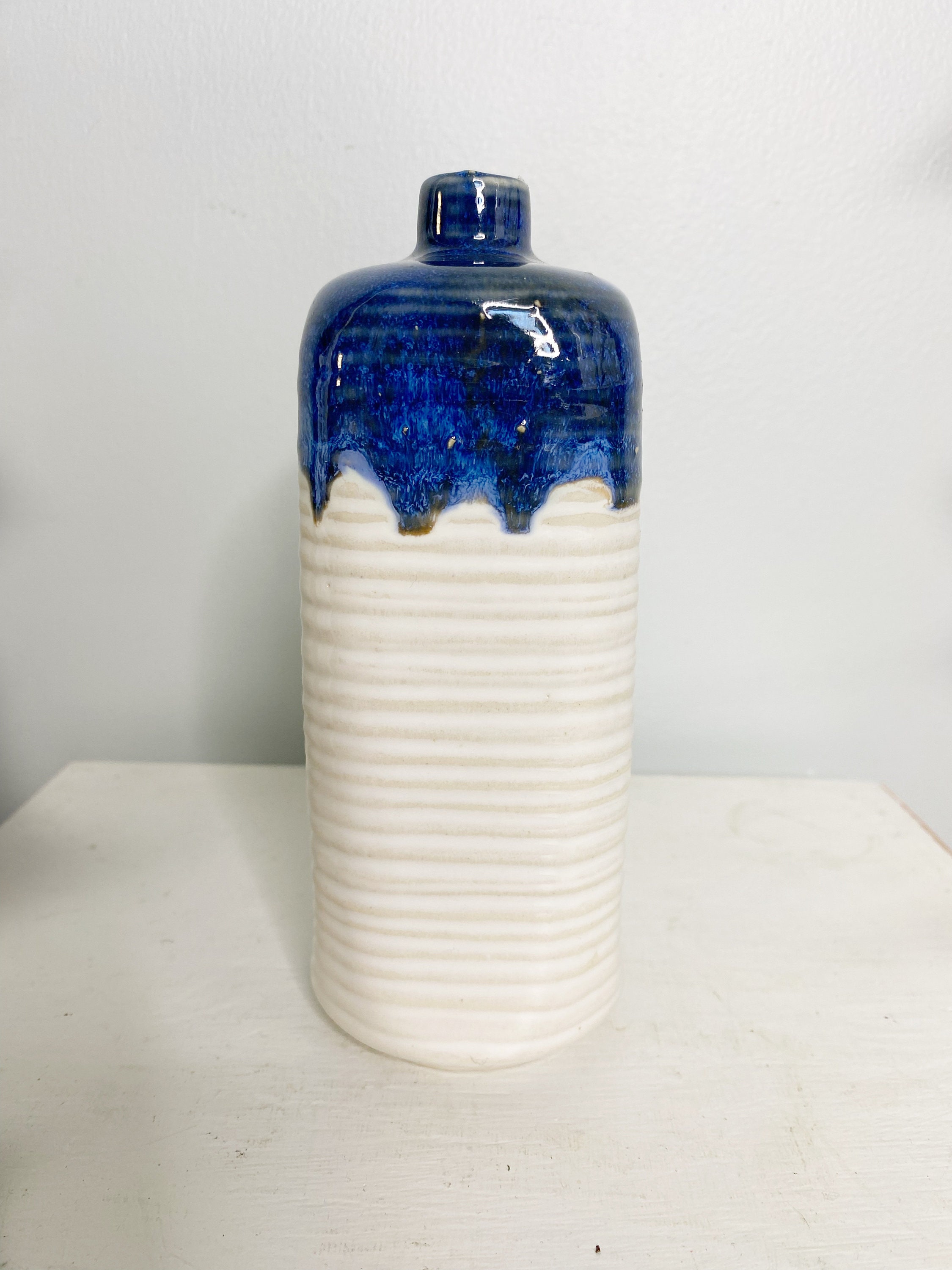 日本製ヴィンテージギフトクラフト花瓶｜ブルードリップ釉陶器花瓶