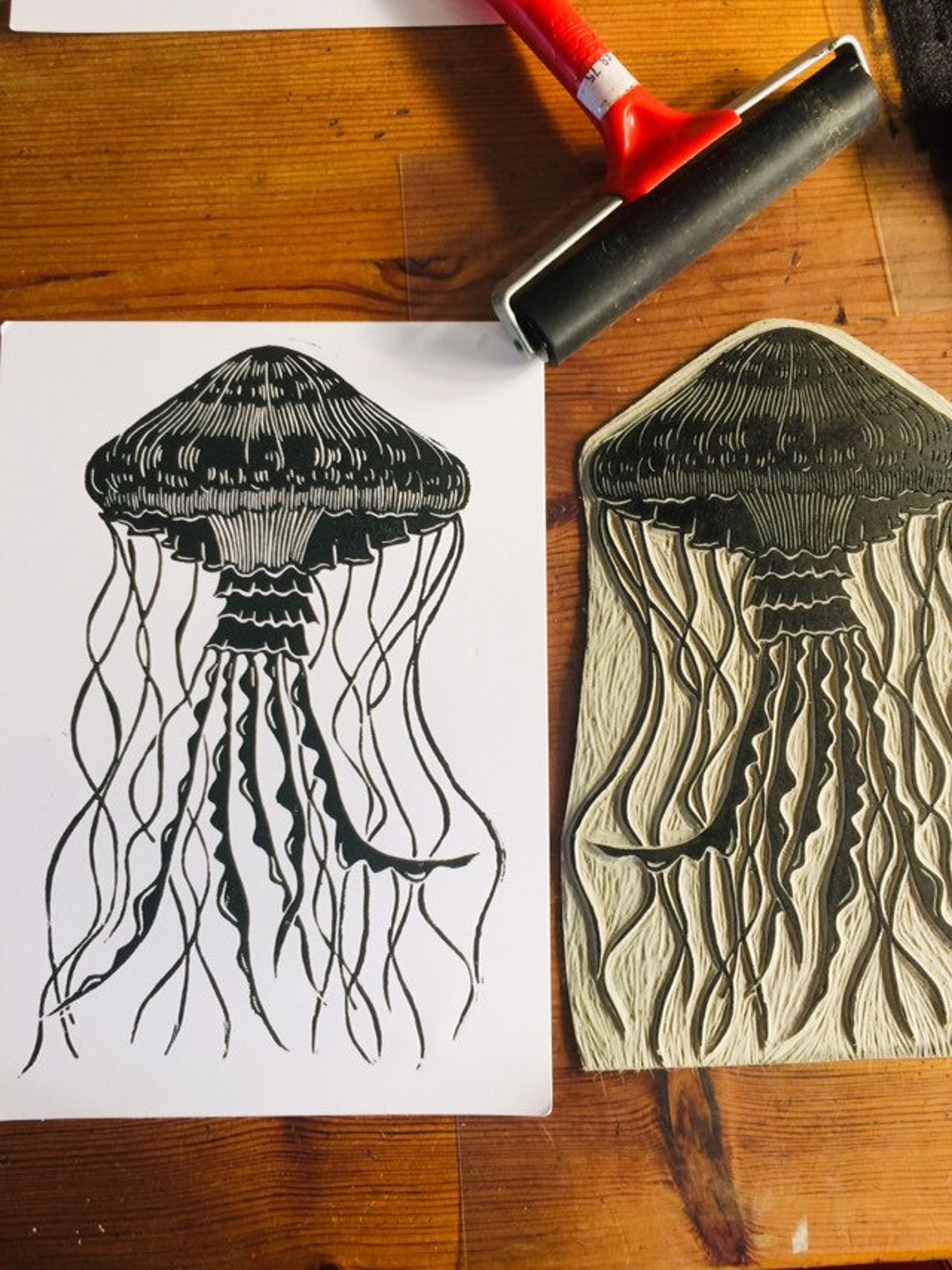 Original jellyfish Hand Carved Lino Print Etsy