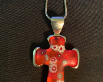 Vintage 18”Sterling Silver Millefiori  Red Cross Necklace (SN021)