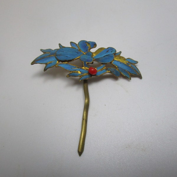 Antique Qing Dynasty Kingfisher Feather Hair Pin Flower Tian-tsui Red Jewel