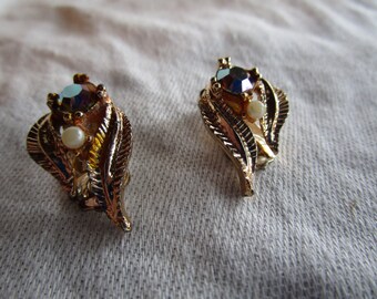 Beautiful Costume Fancy Gold Tone Clip on Earrings with Aurora Borealis Rhinestones