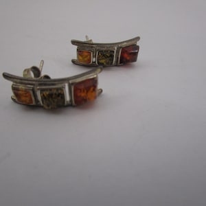 Vintage Sterling Silver & Real Amber Stones Pierced Earrings