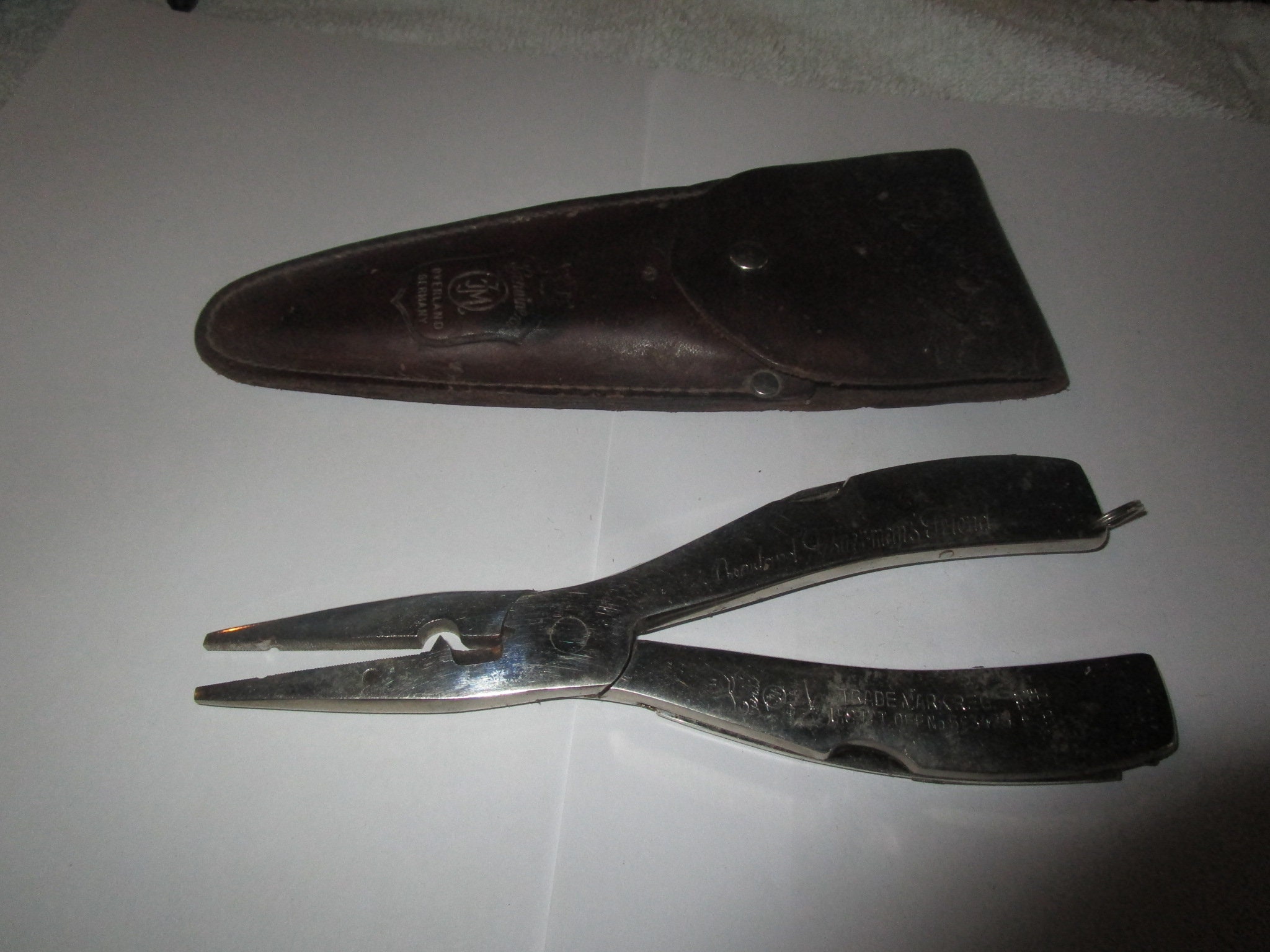 C 1950 Antique Fishing Pliers in Leather Case Genuine Overland Germany