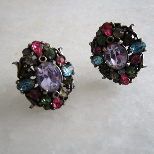Antique Screw Back Earrings with Cluster Multi Cluster Rhinestones Hollycraft Dated 1950