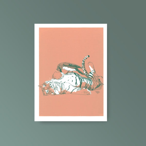 Affiche animal, sérigraphie 2 couleurs tigres et oiseau dessin format 30x40cm impression artisanale