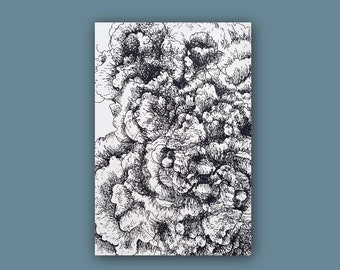 May include: A monochrome pen and ink drawing of a cloud-like shape on a white rectangular card. The artwork has detailed shading, creating a textured effect. The background is a solid blue-grey colour.