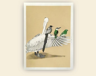 Sérigraphie trois couleurs pélican et autres oiseaux format 30x40cm sur papier Hahnemühle