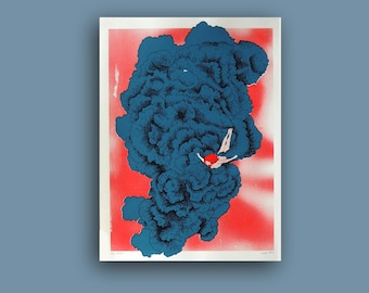 May include: An art print with a surreal illustration. A figure with red hair and a red top dives into a large, dark blue cloud against a red and white backdrop. The artwork has a vintage aesthetic.