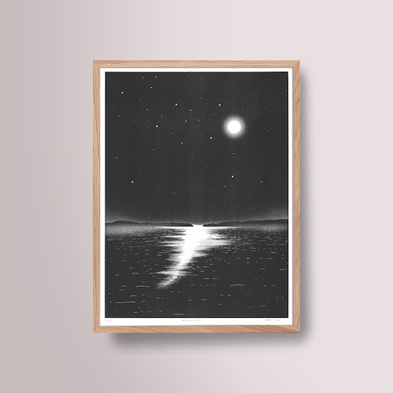 Affiche risographie, impression noir et blanc, clair de lune sur la mer, Brest, format 30x40cm