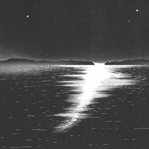 May include: A monochrome illustration of a moonlit sea. The water reflects the bright moonlight, creating a shimmering path. Distant islands and a few stars are visible in the night sky, with a lighthouse in the distance.