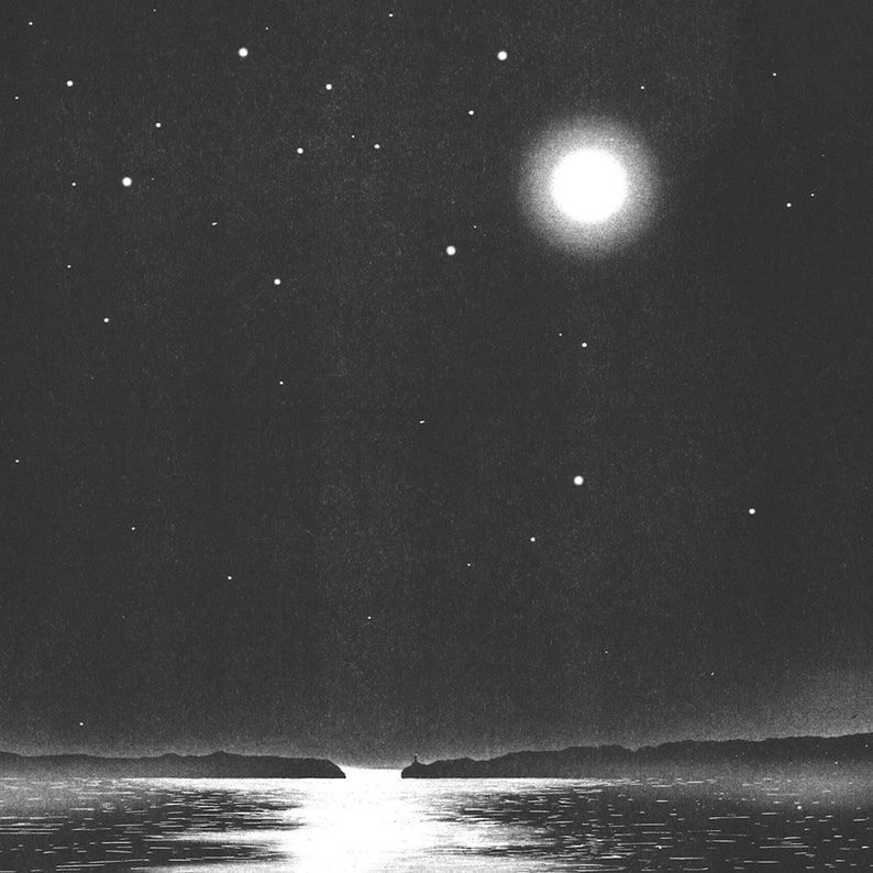 May include: A monochrome illustration of a night scene. A bright full moon and numerous stars are visible in the night sky. The image shows a body of water reflecting the moonlight, with a distant shoreline and a small structure.