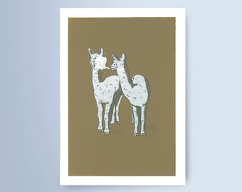 Animal poster, 2-color screen printing funny llama drawing A4 format handmade print