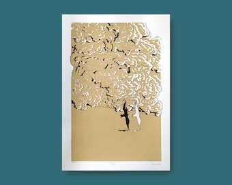 May include: An art print with a stylized illustration of two birds under a cloud-like formation. The artwork uses a limited palette of tan, white, and black. The print has the word "Folk" at the bottom.