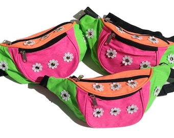 Neon Daisy Flower Bum Tasche, Fanny Pack / Festival Reise Taille. Retro 80er Rave