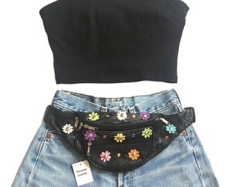 100% Genuine Black Leather Bum Bag, Fanny Pack / Festival Waist. Multicoloured Daisy Flowers