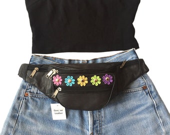 100% Genuine Black Leather Bum Bag, Fanny Pack / Festival Travel Waist. Daisy Flowers