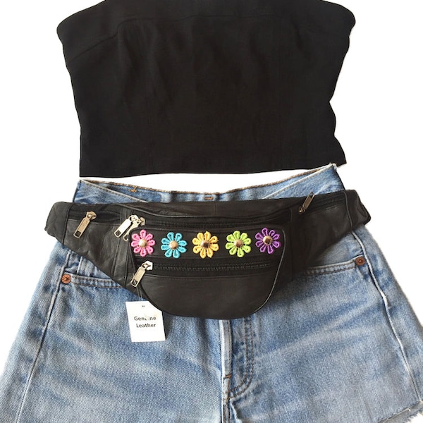 100% Genuine Black Leather Bum Bag, Fanny Pack / Festival Travel Waist. Daisy Flowers