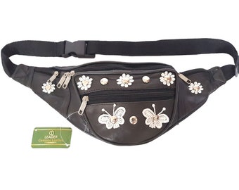 100% Original Black Leather Bum Bag, Fanny Pack/Festival Travel Waist. Daisy Blumen Schmetterling