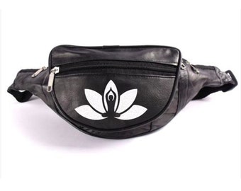 100% Genuine Black Leather Bum Bag, Fanny Pack / Festival Waist Namaste Lotus Yoga