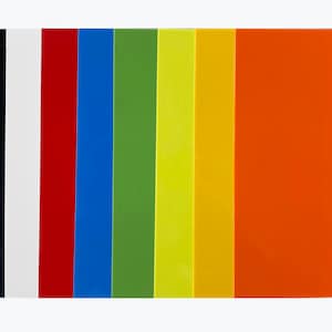 May include: A set of ten colorful fabric swatches in black, white, red, blue, green, yellow, and orange.