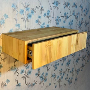 Floating Nightstand with Drawer Solid Pine Wood Shelf Rustic Nightstands Wall Mounted Bedroom Shelves Bedside Table Entryway Furniture