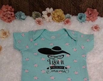 I got it from my mama, peony, baby bodysuit, baby girl, baby shower, mommy and me, flowers, bodysuits, onsie, baby onsie, baby clothing,